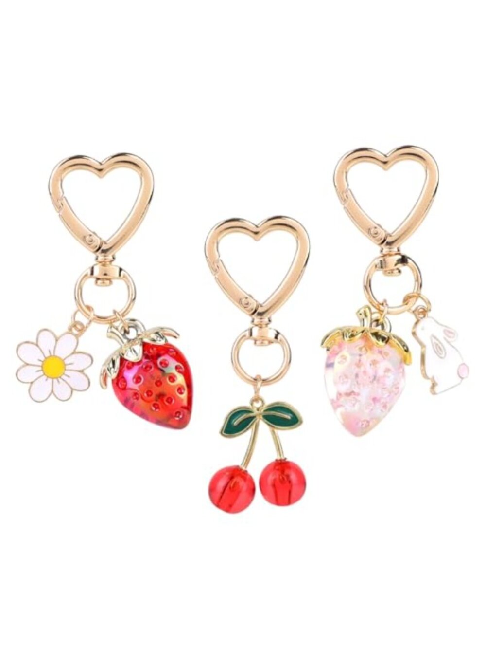 3pc Strawberry Cherry Keychain Set Zinc Alloy Heart Clasp Bag Charms